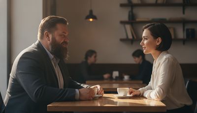 Reifer Mann mit Bauch im Gespräch mit einer Frau in ruhiger Cafe-Atmosphäre